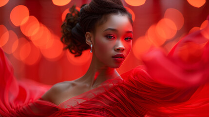 Elegant woman with flowing red fabric on a bokeh light background, portraying beauty and motion.
