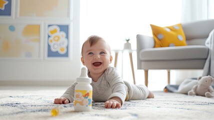 a happy baby as they play with a bottle on the soft carpet within the cozy confines of a nursery room.