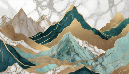 Collage art green mountains gold and marble texture