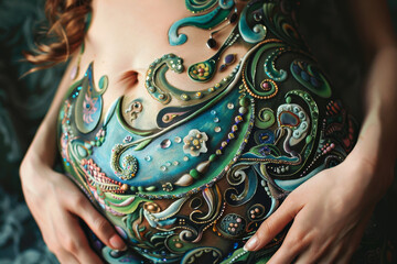 A woman is holding her stomach and has a green and blue design on her stomach