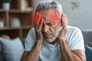 A man is holding his head, he has a headache together redness, migraine, pressure, sickness - obrazy, fototapety, plakaty