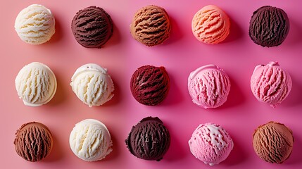 Neatly Arranged Colorful Ice Cream Scoops on Pink Background, Top View for Sweet Dessert Lovers - obrazy, fototapety, plakaty
