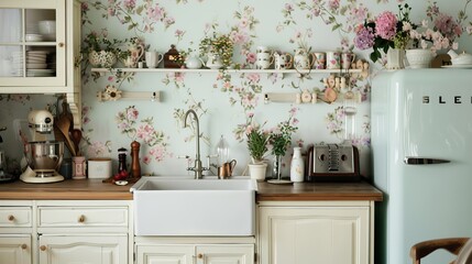 A kitchen styled with classic elegance, featuring a white cabinet with a wooden top, a sink, an oven, an induction hob, a vintage fridge, kitchenware, utensils, and floral decorations