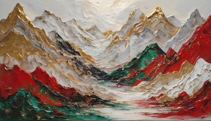 Abstract textured mountains painting white red green and gold