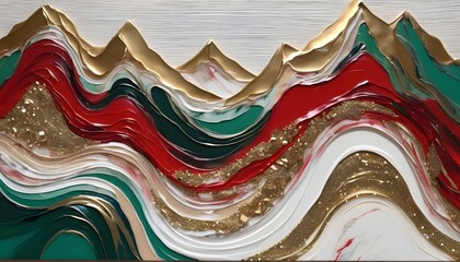 Green and red background abstract mountains painting