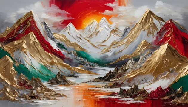 Mountains painting gold red and green color