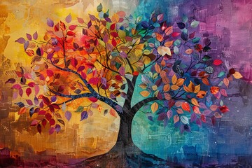 Immerse yourself in a mesmerizing background showcasing a tree embellished with vibrant leaves hanging from its branches in a colorful display
