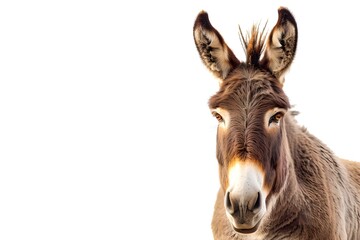 Donkey close-up isolated on white background. Farm animal concept. Agriculture industry and livestock husbandry. Design for banner, poster with copy space