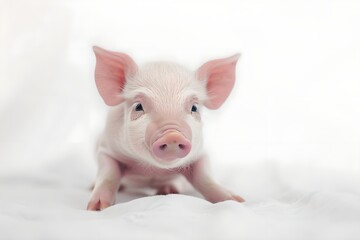 Small piglet on a soft white background. Young farm animal. Agriculture industry and livestock husbandry. Design for banner, poster 