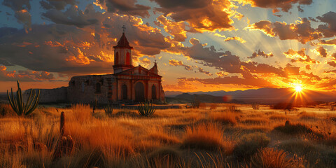 Obraz premium mexican church with cactus in the sunset desert