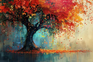 Immerse yourself in a mesmerizing background showcasing a tree embellished with vibrant leaves hanging from its branches in a colorful display - obrazy, fototapety, plakaty