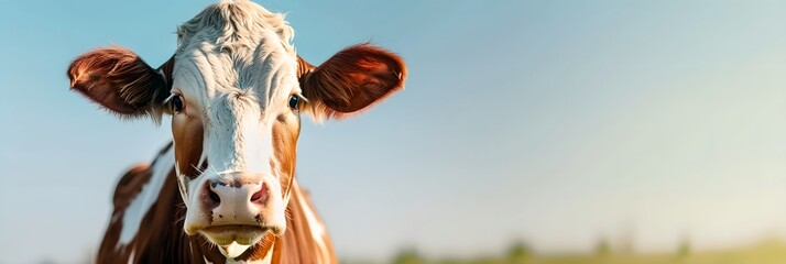 Close-up of a cow against blue sky. Agriculture industry and livestock husbandry. Milk production concept. Design for banner, poster with copy space. - Powered by Adobe
