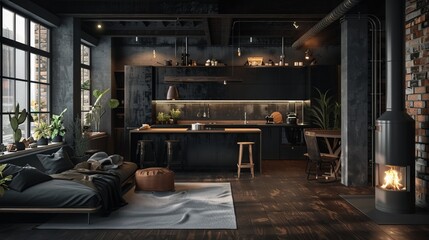 A luxurious loft-style studio apartment, presenting a dark-themed free layout with a chic kitchen island, a cozy bedroom with a fireplace, and a personal fitness area - obrazy, fototapety, plakaty