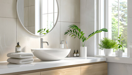Interior of light bathroom with counters, sink and mirror - obrazy, fototapety, plakaty