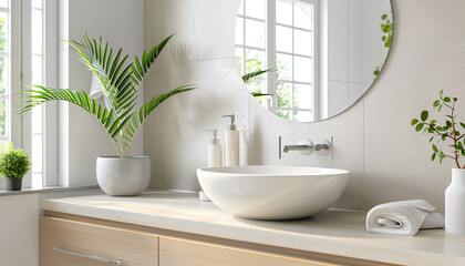 Fototapeta premium Interior of light bathroom with counters, sink and mirror