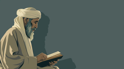 An illustration of a sage reading the scriptures, a calm embodiment of wisdom and reflection