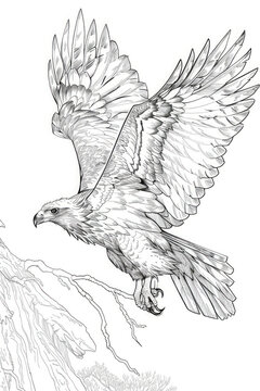 A drawing depicting an eagle soaring gracefully over a rugged mountain landscape