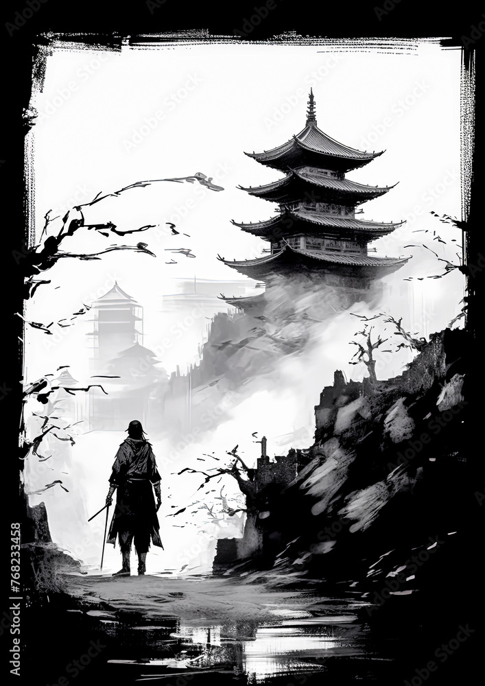 Poster a man is walking in front of a tree and a building.