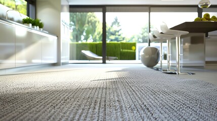 A modern kitchen floor adorned with a stylish carpet, adding texture and warmth to the space - obrazy, fototapety, plakaty