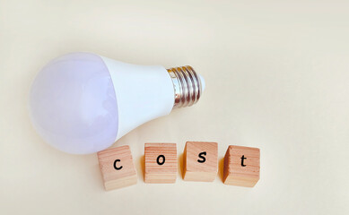 Energy saving light bulb and cost text written on wooden cubes 