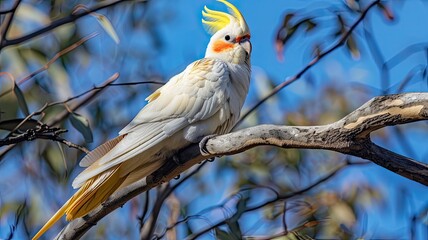a cockatiel perched on the branch of an old dead tree, set against a vivid blue sky background, showcasing the bird in the style of stunning nature photography.