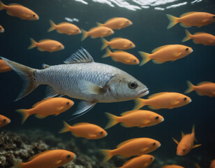 Solitary Fish Among Orange Fish School Underwater