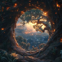 a painting of a path through a forest with a full moon in the background