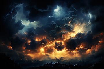A vivid display of lightning illuminating dark, ominous clouds over a mountainous landscape as night approaches