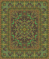 Oriental green vector carpet design. Floral vintage pattern with frame. Ornamental background for textile, rug, tapestry. - 768234271