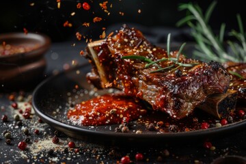Beef ribs, delicious juicy beef ribs with spices and sauce close-up on a board on a dark background