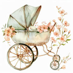 Sweet watercolor clipart showcasing a baby buggy adorned with delicate flowers in soft pastel shades, set against a clean white background. Perfect for scrapbooking, invitations