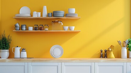 A modern shelving unit filled with dishware positioned near a kitchen counter, set against a yellow wall for a vibrant touch