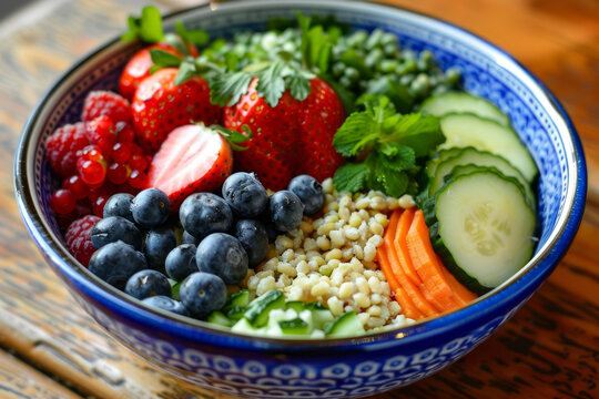 Colorful image of a bowl packed with heart-healthy foods like fruits, vegetables, and whole grains. Great for recipe books, health magazines, and fitness apps.