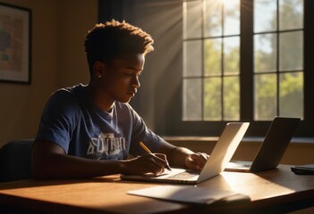 A young man is deeply focused on studying at his desk during sunset. The light casts a warm glow on the scene. - obrazy, fototapety, plakaty
