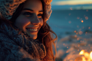 A woman with a big smile on her face is wearing a hat and scarf