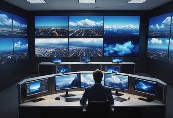 A control room with large windows overlooks a mountain landscape. The juxtaposition of technology...