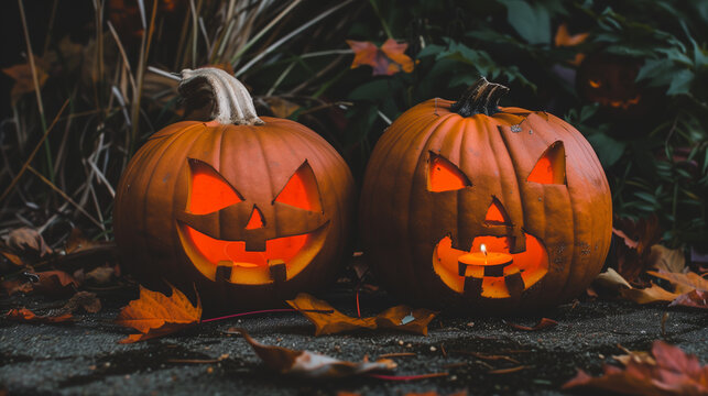 Illuminated Pumpkin Pair. Two carved pumpkins with glowing faces amidst fallen autumn leaves