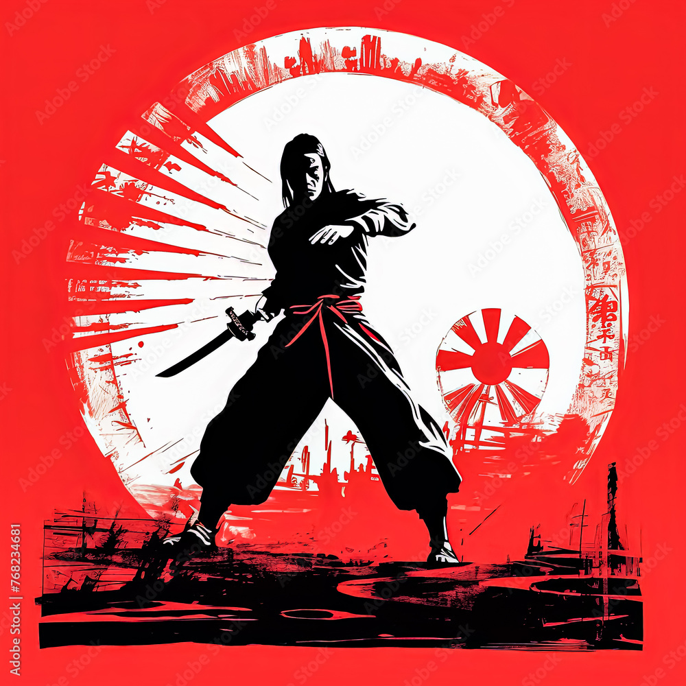 Poster a man in black is holding a sword and standing in front of a red circle.