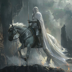 Riding knight on white horse and cloak