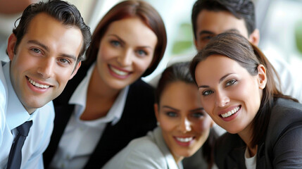 Smiling business team posing together with unity in office.