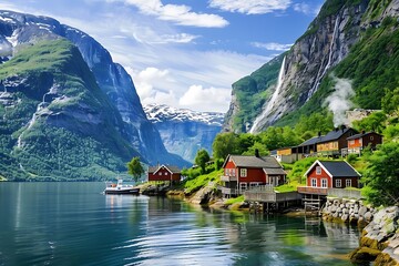 Small red houses by the fjord with mountains and waterfalls in the background - obrazy, fototapety, plakaty