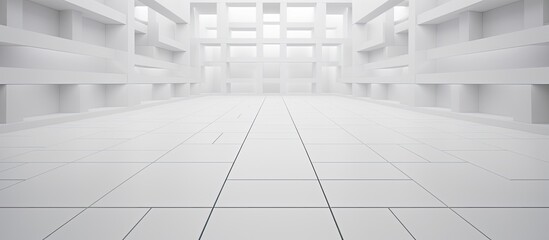 This image showcases a bright and modern interior featuring a close-up view of a pristine white tiled floor illuminated by natural light pouring in through a skylight above.