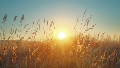 Fototapeta premium Sun Setting Over Field of Tall Grass