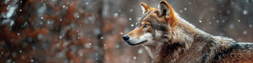 Naklejka na ściany i meble portrait of gray wolf in winter in forest with snow close-up