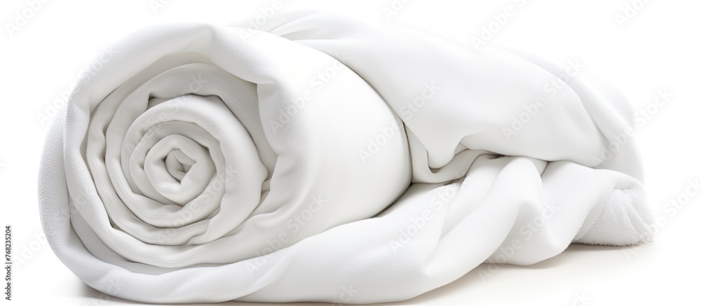 Poster a close-up view of a white blanket neatly folded on top of a white table, creating a minimalist and 