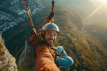 Happy paragliders flying on a paraglider, experienced pilots smiling at the camera