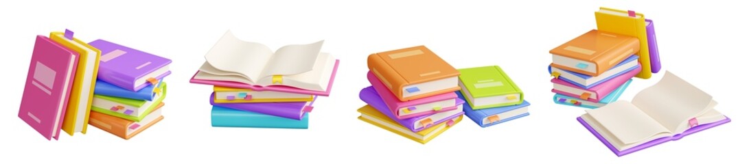 Stack of paper close and open books with hard cover and bookmarks lay and stand. 3D render illustration set