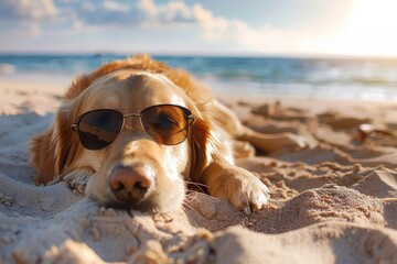 Naklejka premium A heartwarming photo of a golden retriever partially buried in sand at the beach, looking relaxed and adorable