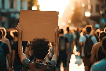 Man holding up a cardboard sign in a crowd - obrazy, fototapety, plakaty