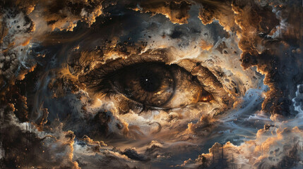 Realistic eye surrounded by abstract clouds in a dramatic sky. Surreal oil painting with a conceptual vision theme suitable for print, poster, and art design. Horizontal layout with a detailed texture - obrazy, fototapety, plakaty